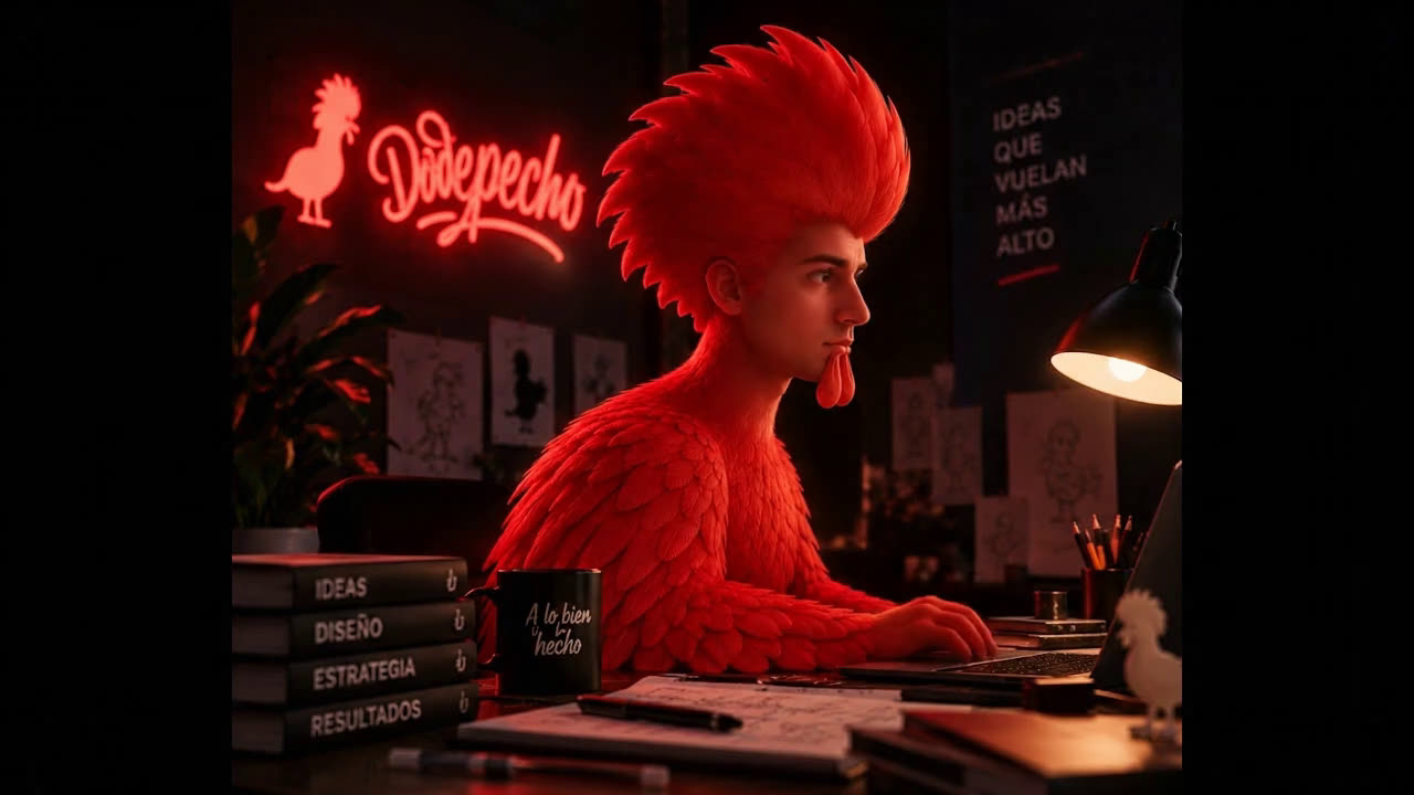 El personaje de Dodepecho se gira hacia cámara, se sienta a su escritorio a dibujar la mascota de la marca, la cámara se eleva hasta verlo en picado, y al final extiende la mano hacia quien mira.